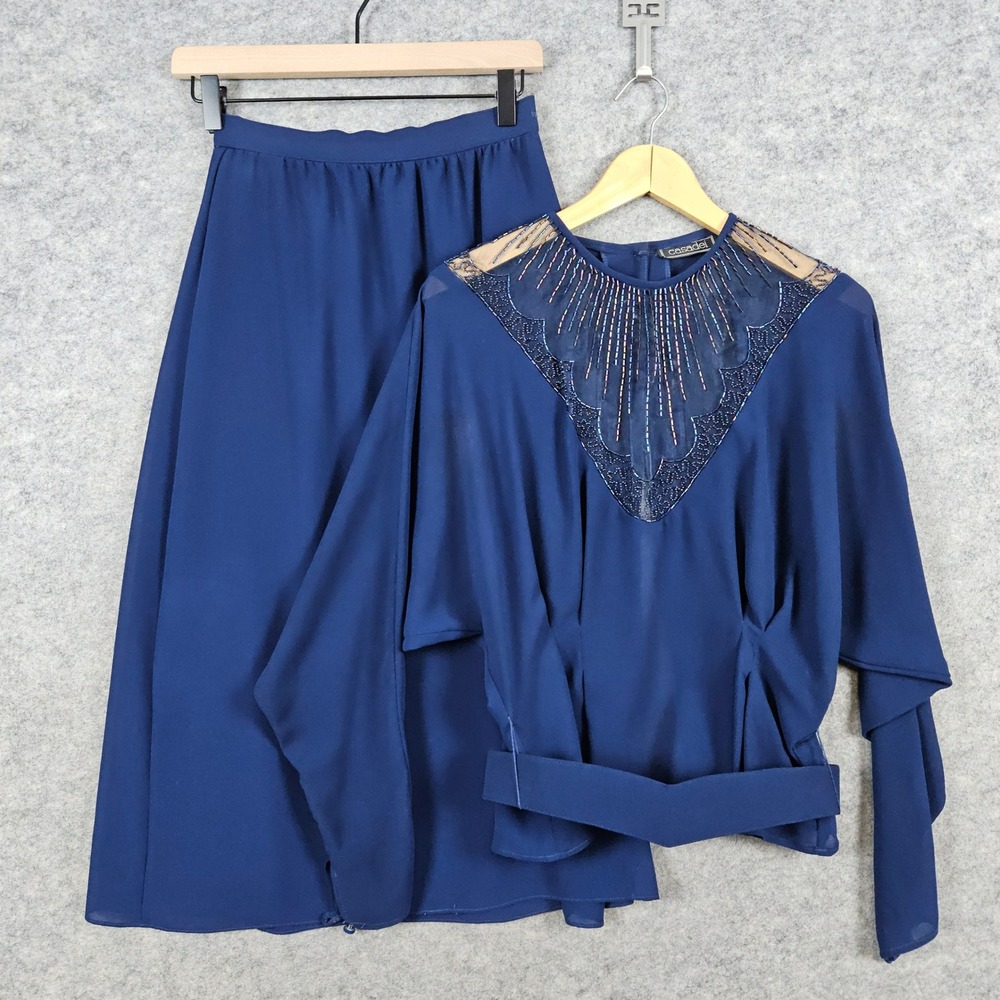 Vintage Casadei Women's Blue Beaded Belted Semi-Sheer Blouse/Skirt Set Size 7